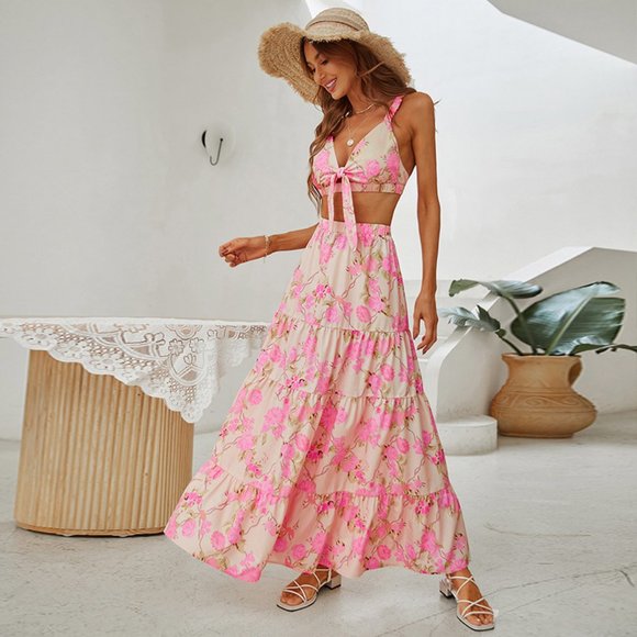 Passion of Essence Dresses & Skirts - Sexy Floral Front Tie Bralette and Tiered Maxi Swing Skirt Set